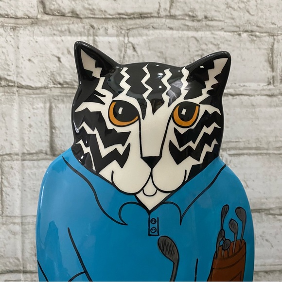 CATS by Nina Lyman Blue Ceramic Cat Golfer 9.5” Planter Vase - Picture 5 of 15